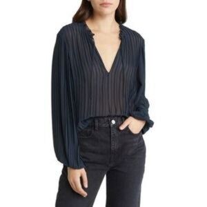 Frame Tie Front Pleated Top Blouse Navy Blue Size XS
